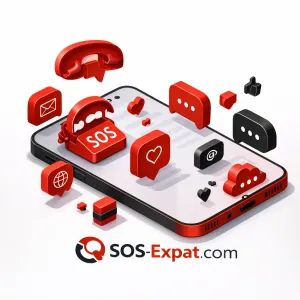 Человек использует SOS Expat для срочная помощь за рубежом — адвокат или эксперт по телефону проживая в Китай